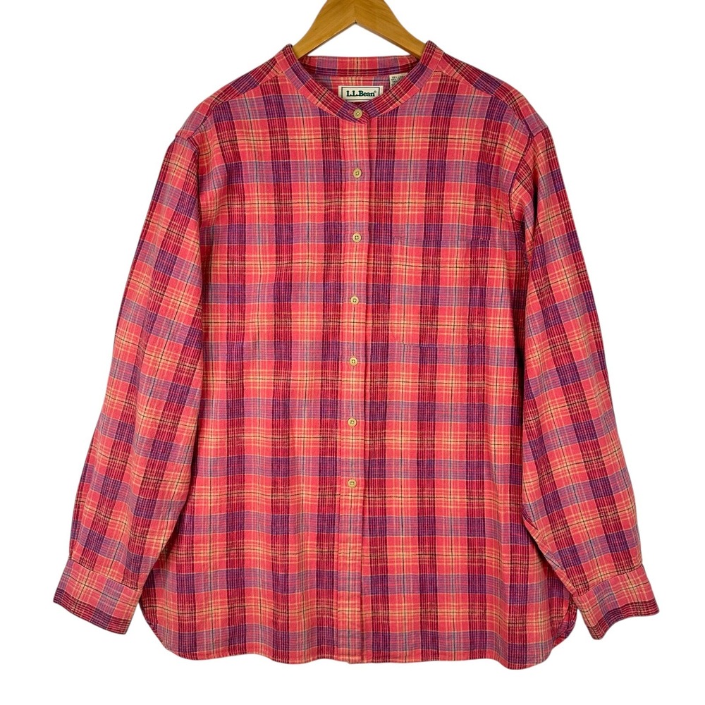 LL Bean Women's Plaid Button Front Shirt Red Pink Blue Linen Cotton Classic XL - Picture 1 of 11
